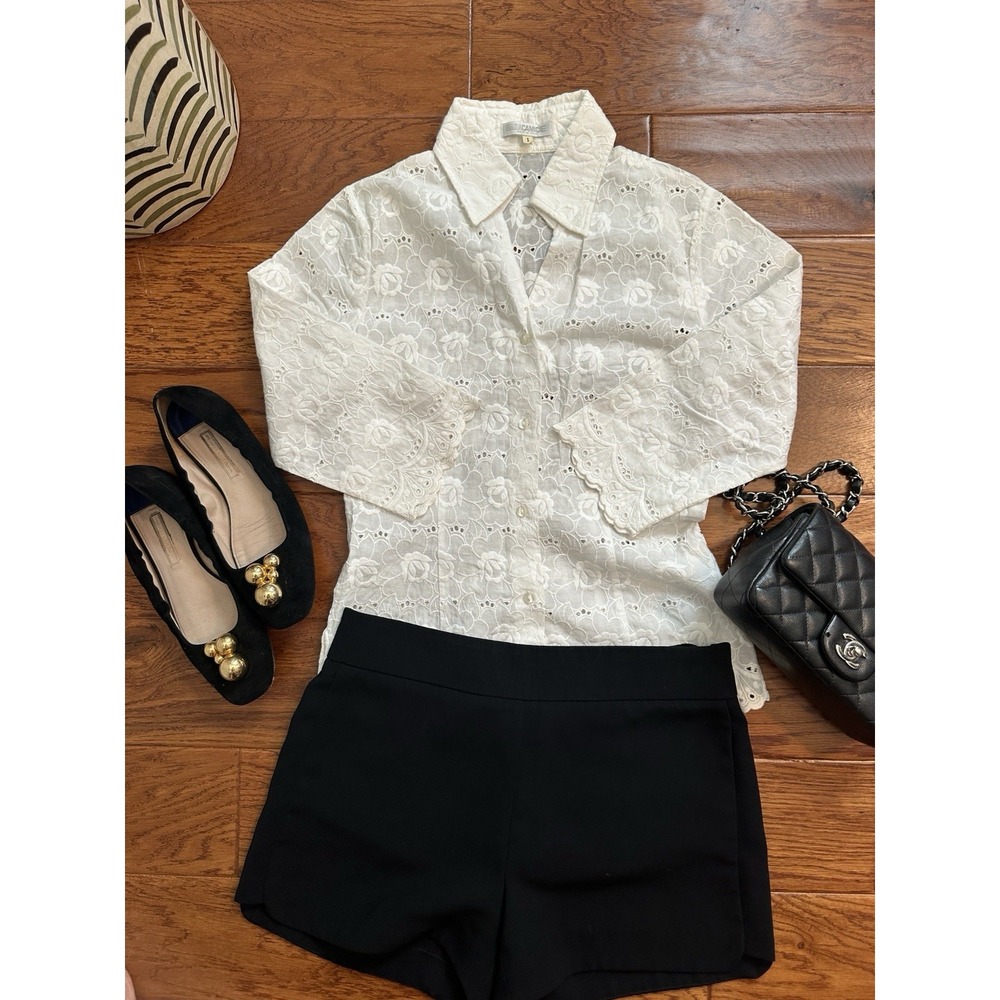 NARACAMICIE Italy White Eyelet Lace Embroidery Blouse Shirt Cotton Scalloped 1 S
